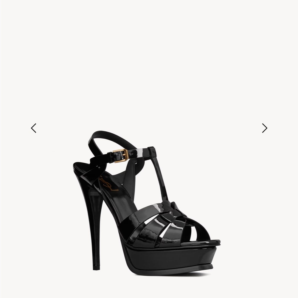 YSL Tribute Platform Sandals in Patent Leather Black